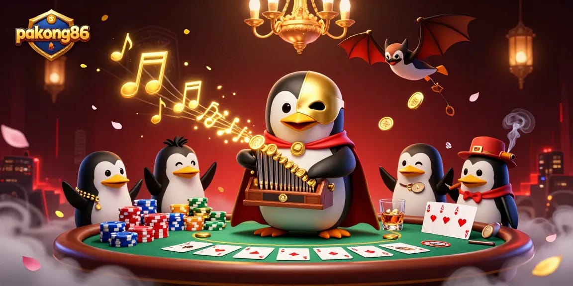 Play poker with pakong86 as a cartoon penguin plays music, shooting coins and golden notes.