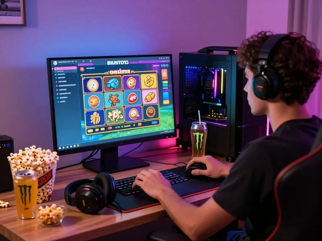 Engaged gamer enjoying the BIUSTOTO online slot game experience in a vibrant gaming setup.