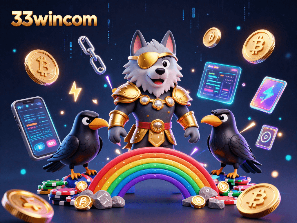 Engage in vibrant casino fun with 33wincom as Odin stands before a rainbow bridge of chips.