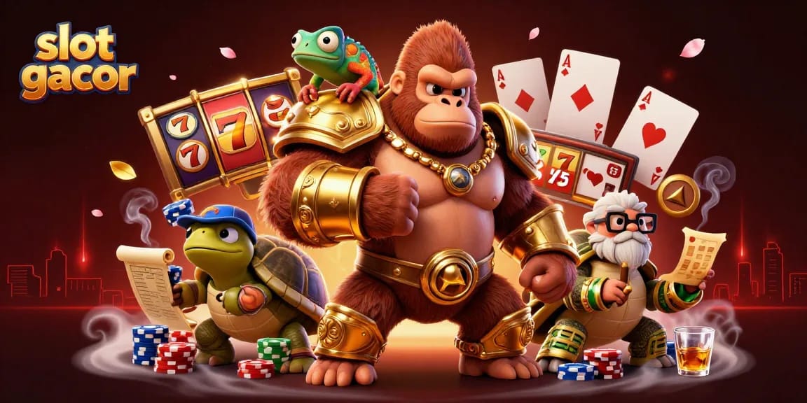 Slot gacor dengan simbol keberuntungan dan suasana kasino yang meriah pada ilustrasi 3D yang memikat.