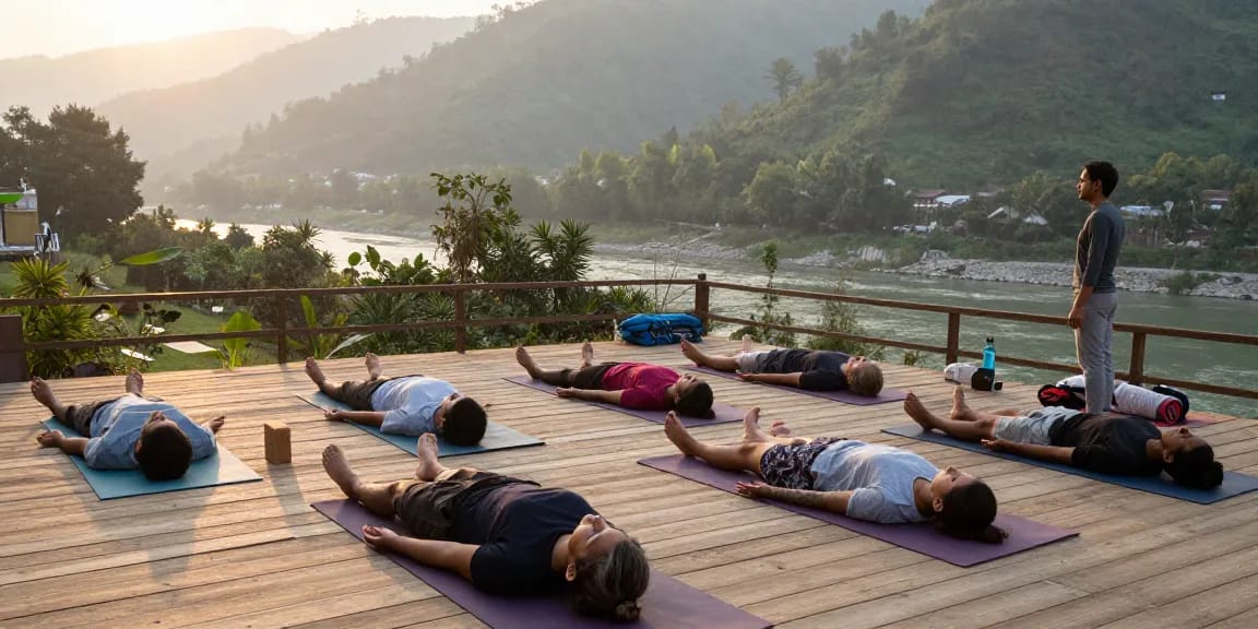 Participants in pranayama courses practicing breathwork at sunrise in Rishikesh, surrounded by mountains and nature's tranquility.