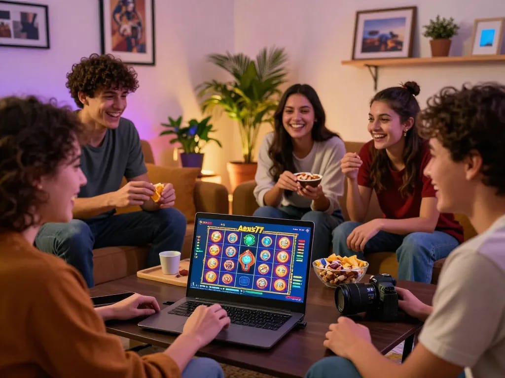 Friends engaged in a fun online gaming session with alexis77 on a laptop, showcasing the social aspect of gambling.