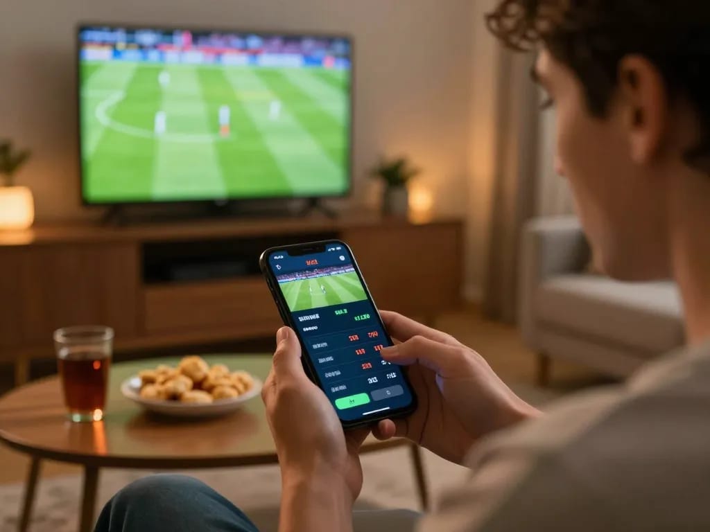 Betting on sports through a smartphone while watching games, showcasing the benefits of xoilac tv.