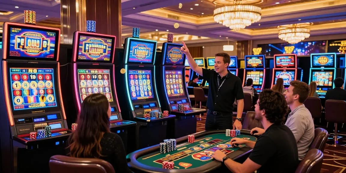 Slot depo 5000 gaming scene with players enjoying vibrant machines and jackpots