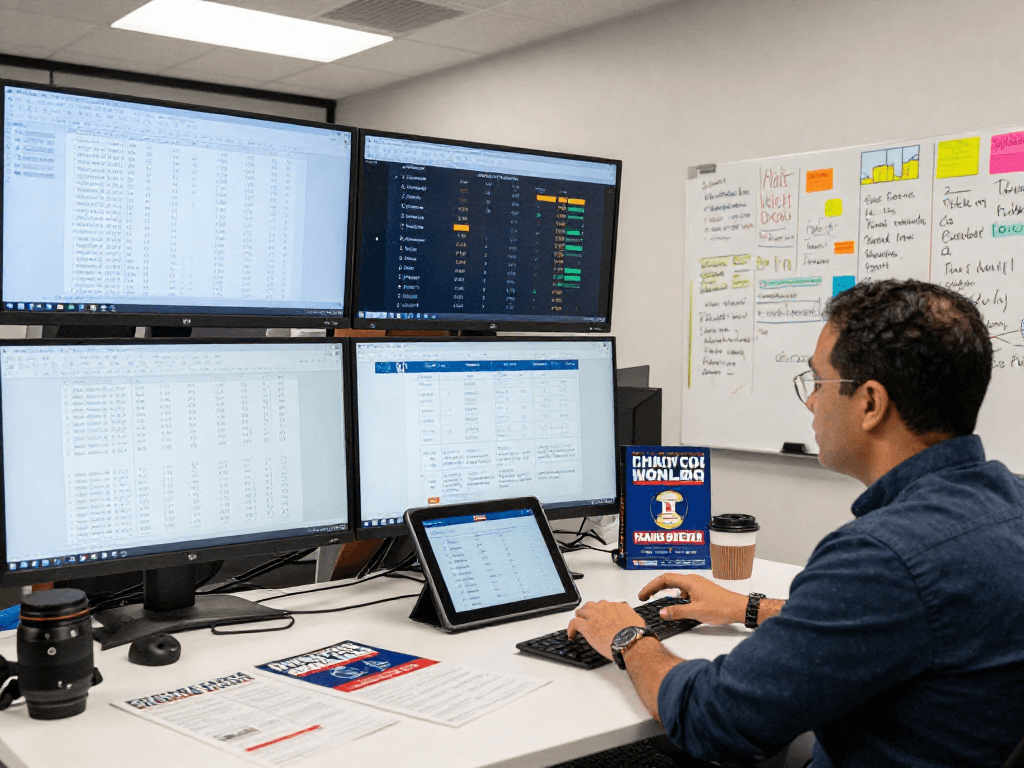 Strategist analyzing voter data for small dollar fundraising in a vibrant campaign office environment.