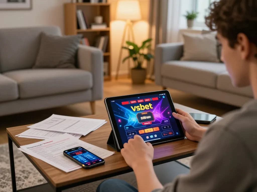 Player enjoying Vsbet on tablet in a cozy home setting, surrounded by strategy notes and an inviting atmosphere.