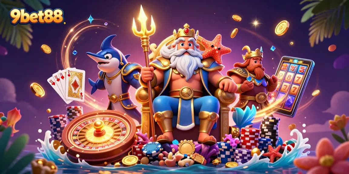 Experience thrilling gaming action with 9bet88 featuring a cartoon sea king and dynamic casino elements.