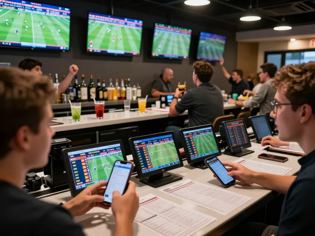 Engaged bettors analyzing soi kèo trực tuyến on screens during a thrilling sports betting event.