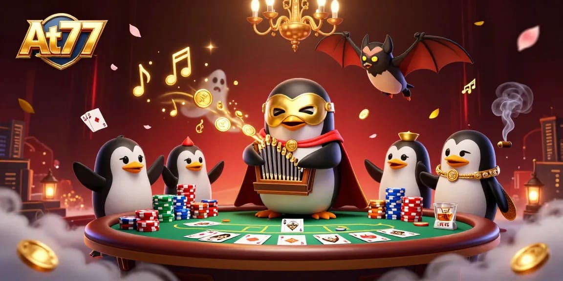 Engage with At77's vibrant casino scene featuring a penguin organist, poker elements, and dynamic gaming atmosphere.