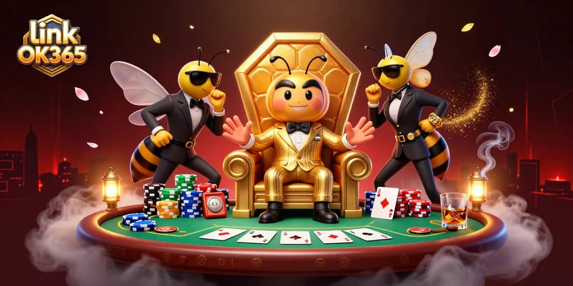 Engage in winning strategies at link OK365 with a vibrant casino scene featuring cartoon characters.