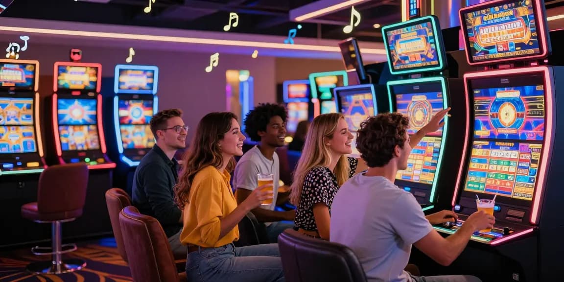 Enjoying slot gacor at a lively casino with friends, vibrant atmosphere.