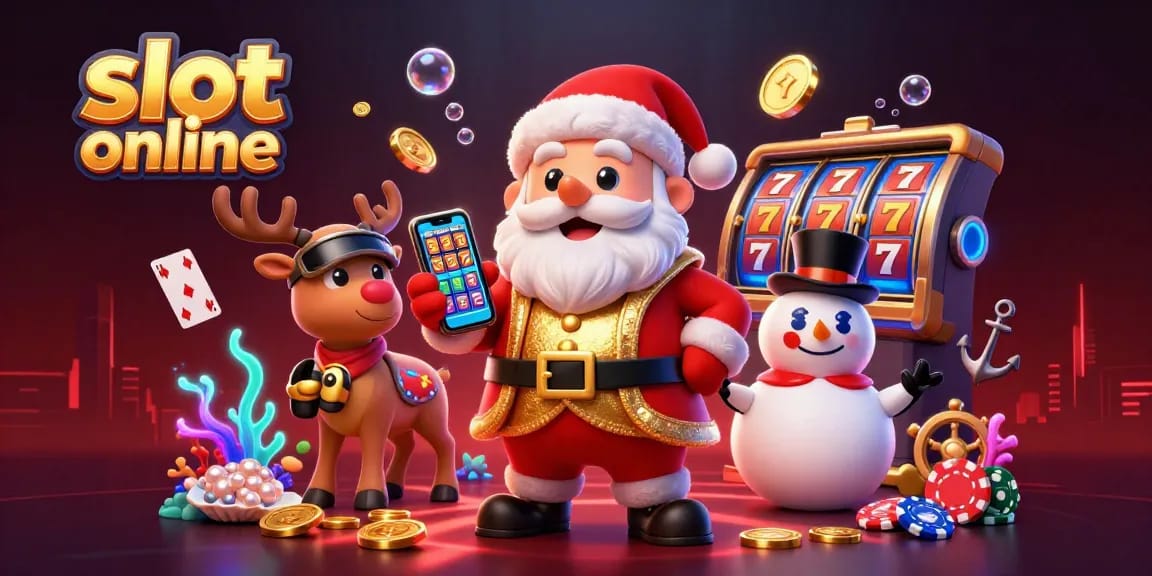 Menggenggam smartphone bertema slot online, Santa Claus berkeliling permainan slot, jackpot menanti!