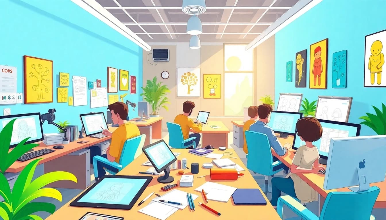 Animationsstudio kreative Zusammenarbeit in einem modernen Büro mit Licht und Farben.