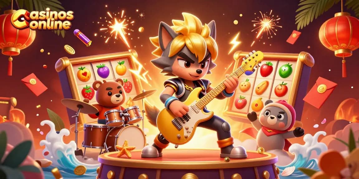 Disfruta de la emoción en casinos online mientras un lobo rockero toca su guitarra en el escenario.