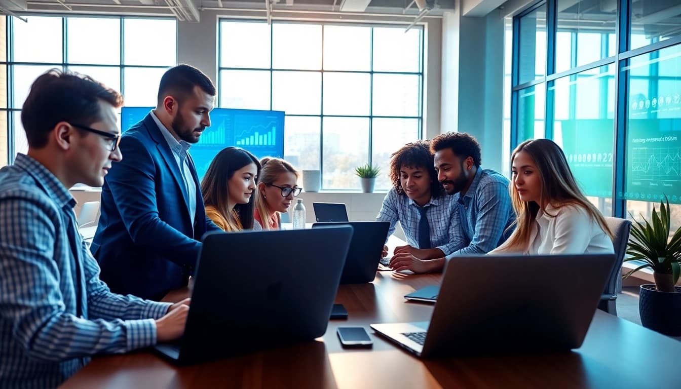Engaging professionals demonstrating enterprise search solutions in a collaborative office environment.