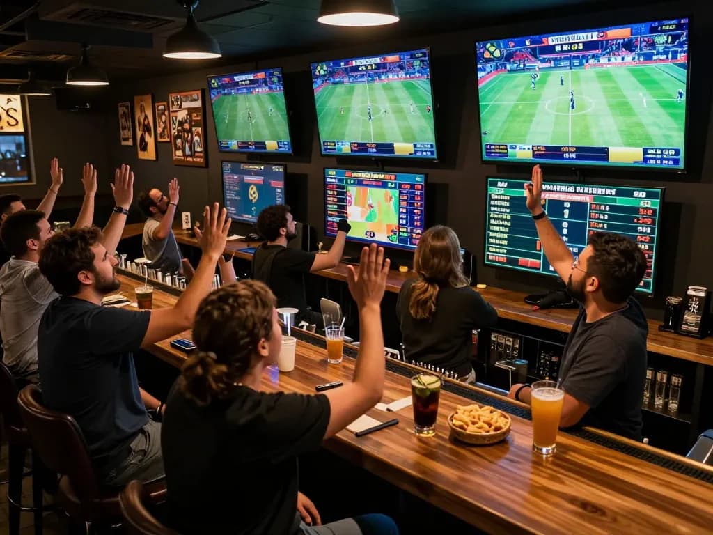 BK8 patrons celebrating wins in a lively sports betting environment with multiple screens.