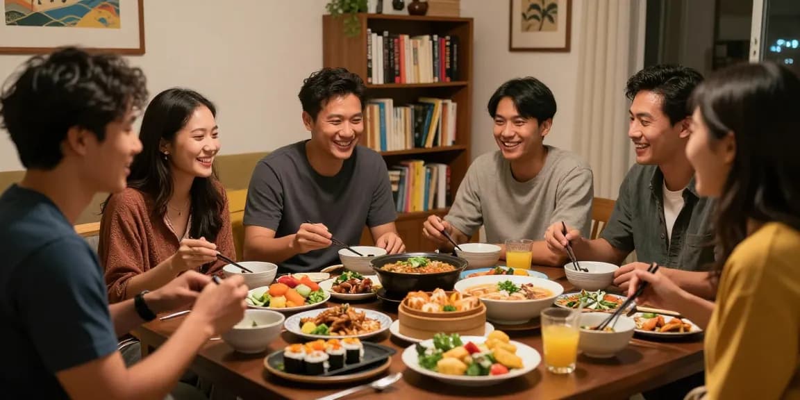Friends enjoying Asian cuisine together at home, highlighting diverse cultures and community on https://hanadultalk.com.
