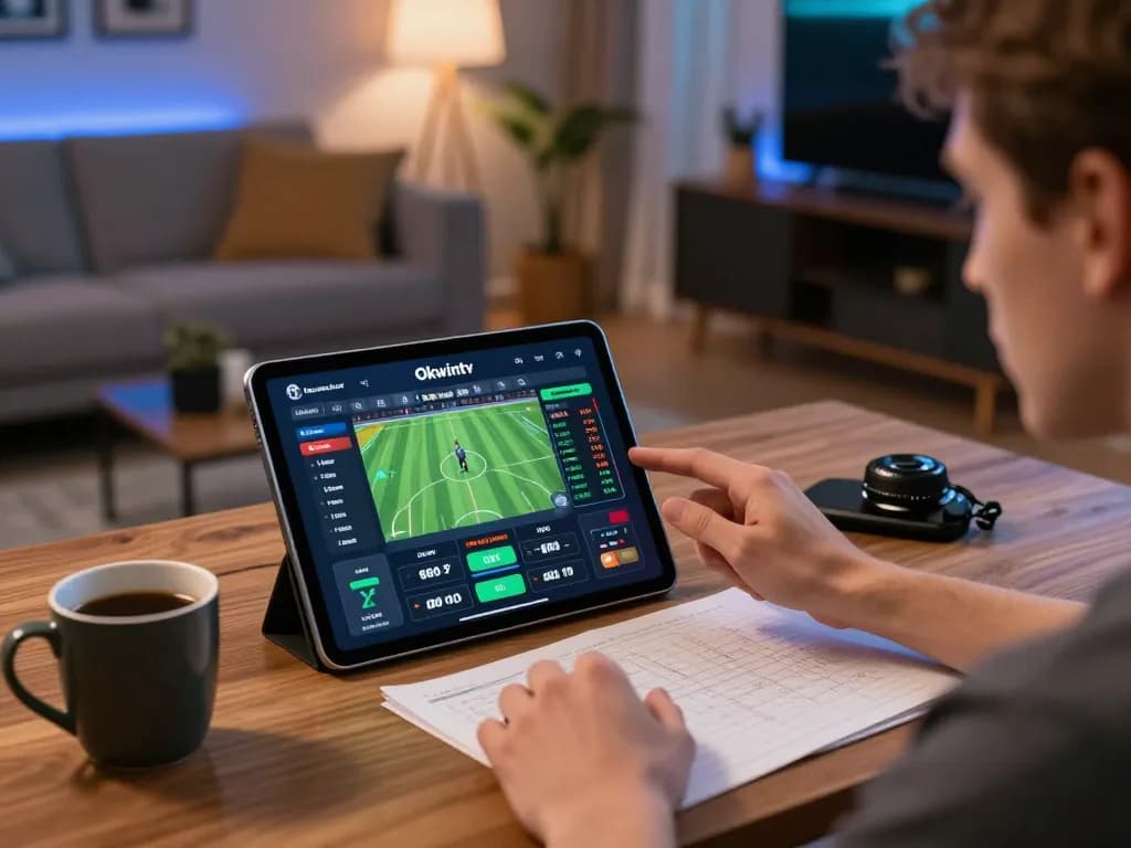 Okwintv user enjoying live sports betting on tablet in cozy home setup