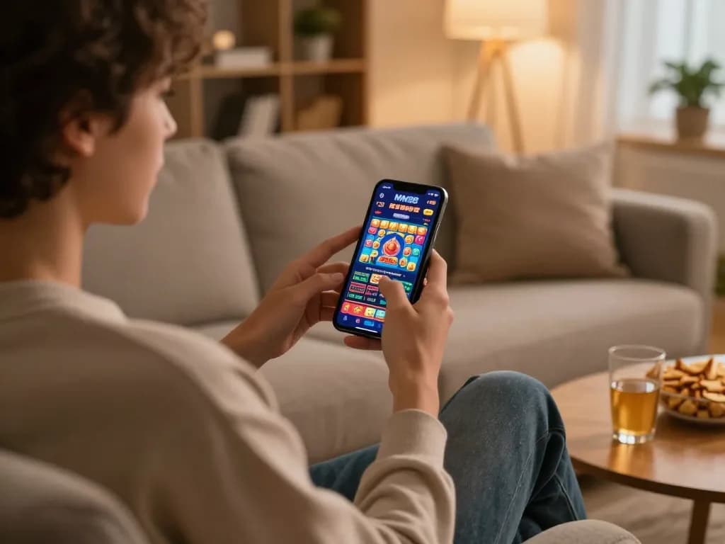 Engaging gameplay on the MM88 mobile app, capturing the excitement of online casino gaming in a cozy home.