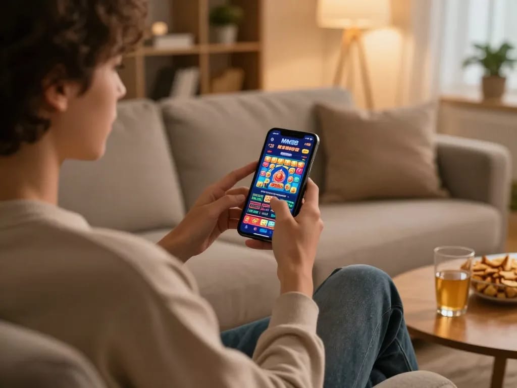 Engaging gameplay on the MM88 mobile app, capturing the excitement of online casino gaming in a cozy home.