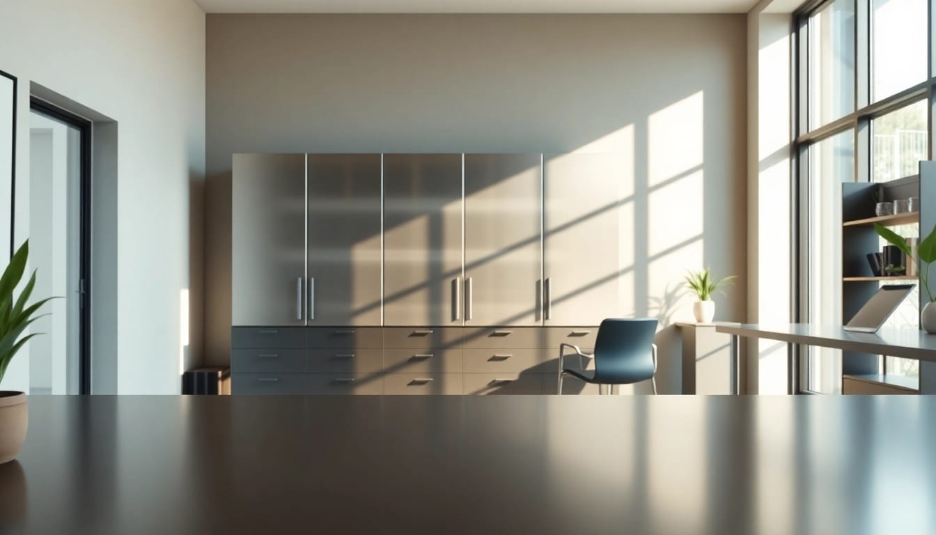 Stylish steel cabinet in a modern office, reflecting organization and elegance.