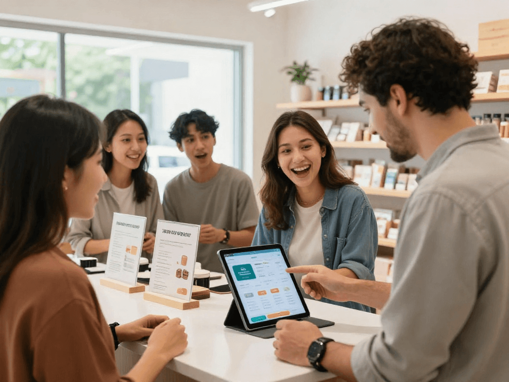 Customer engagement through a loyalty app in a small business setting, showcasing rewards and community interaction.