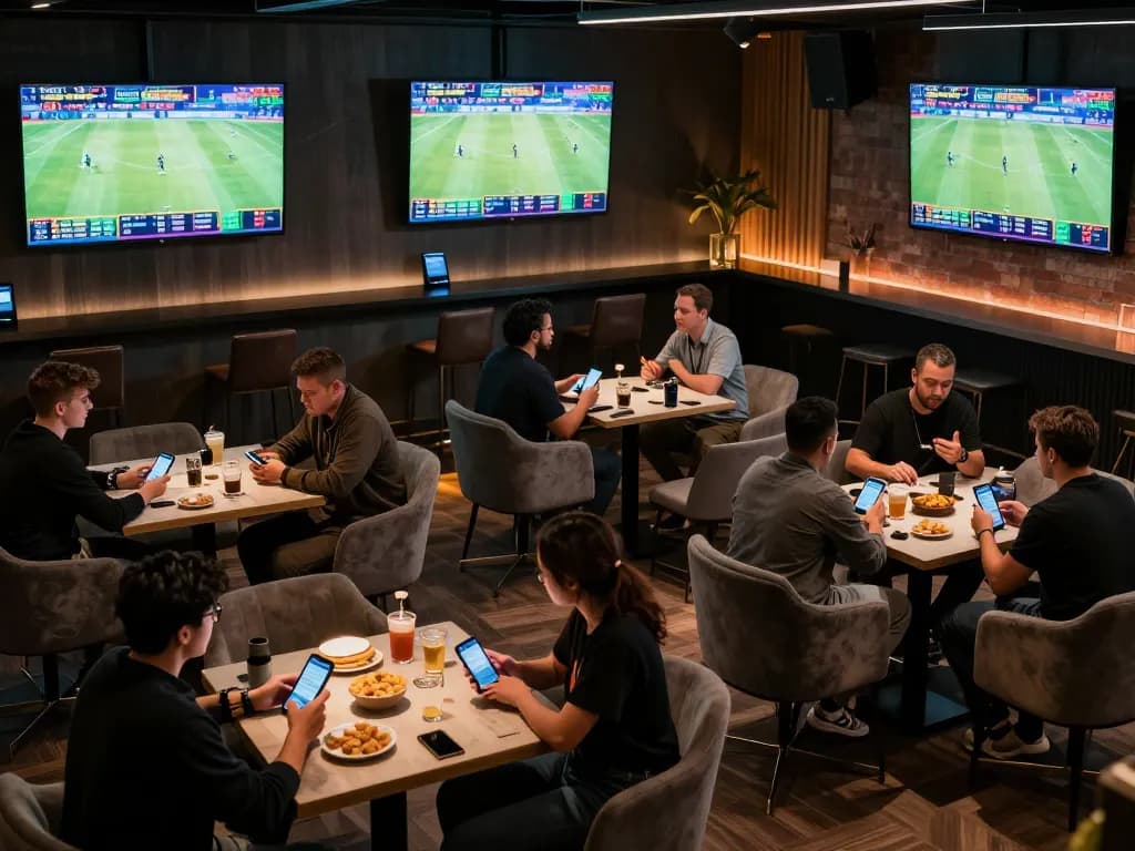 Excited bettors using 28bet app to place wagers in a modern sports betting lounge.