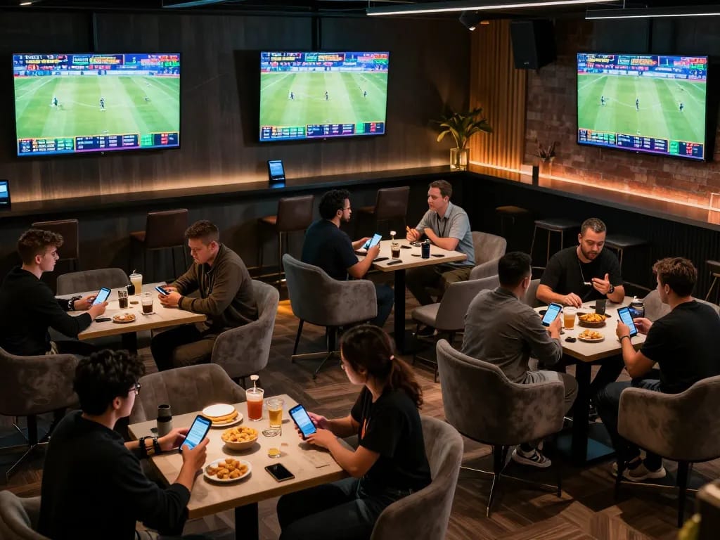 Excited bettors using 28bet app to place wagers in a modern sports betting lounge.