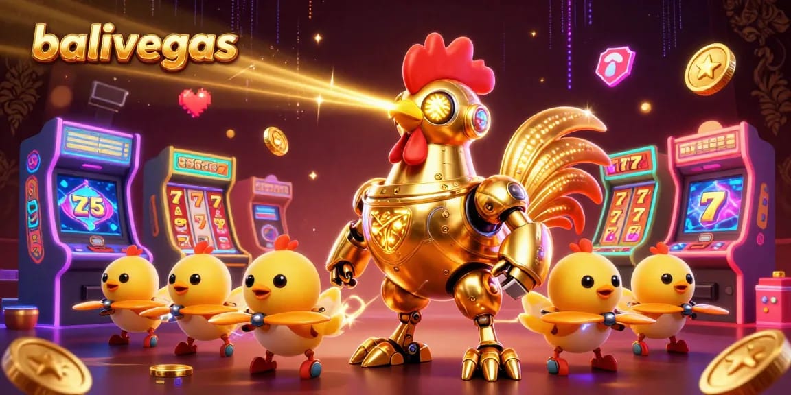 Experience the vibrant atmosphere of balivegas with a retro-futuristic casino scene featuring colorful slot reels.