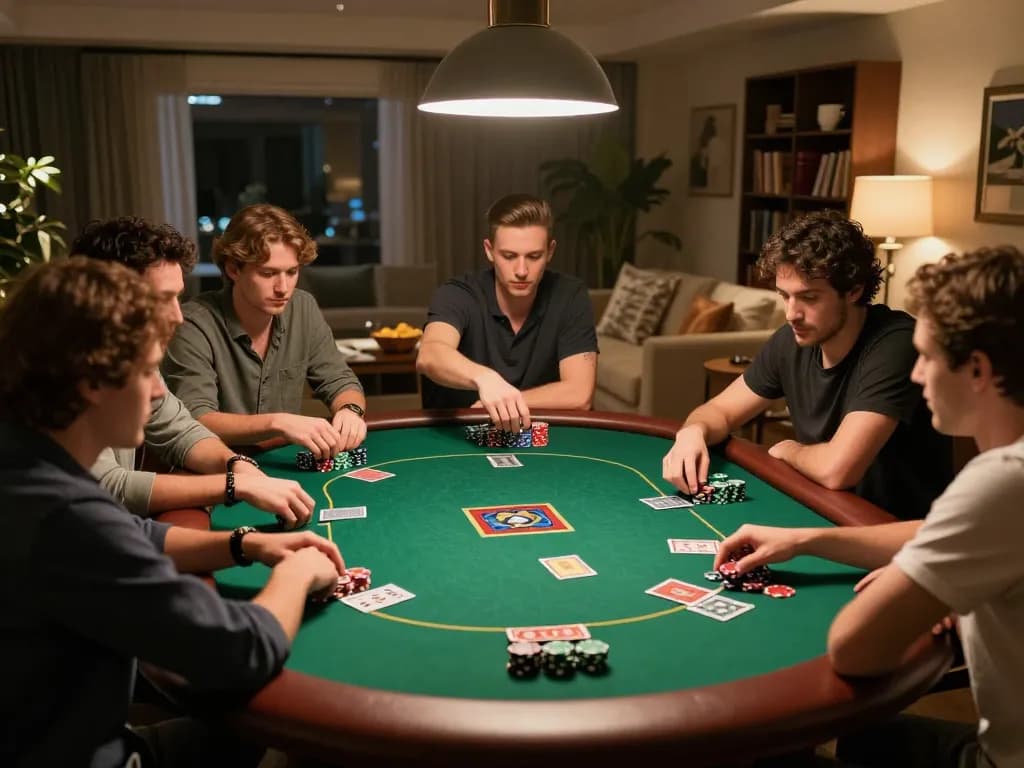 Engaged players at a home poker night contemplating their next move with a depo 1k bet on the table.