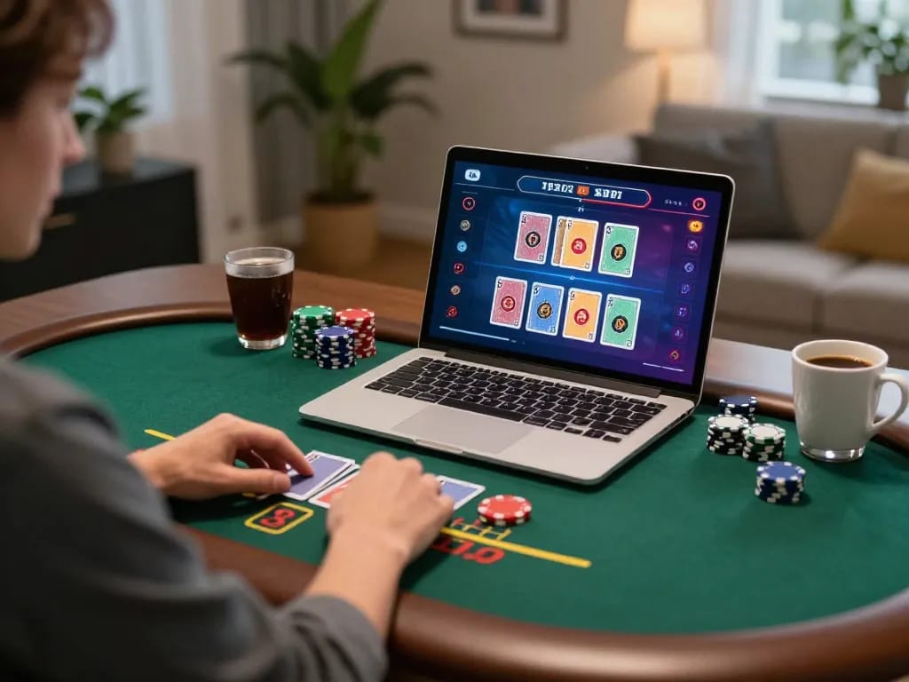 Tham gia trò chơi blackjack với người chia bài trực tiếp trên liên kết m88 từ một thiết lập tại nhà thoải mái với các quân bài chiến lược hiển thị