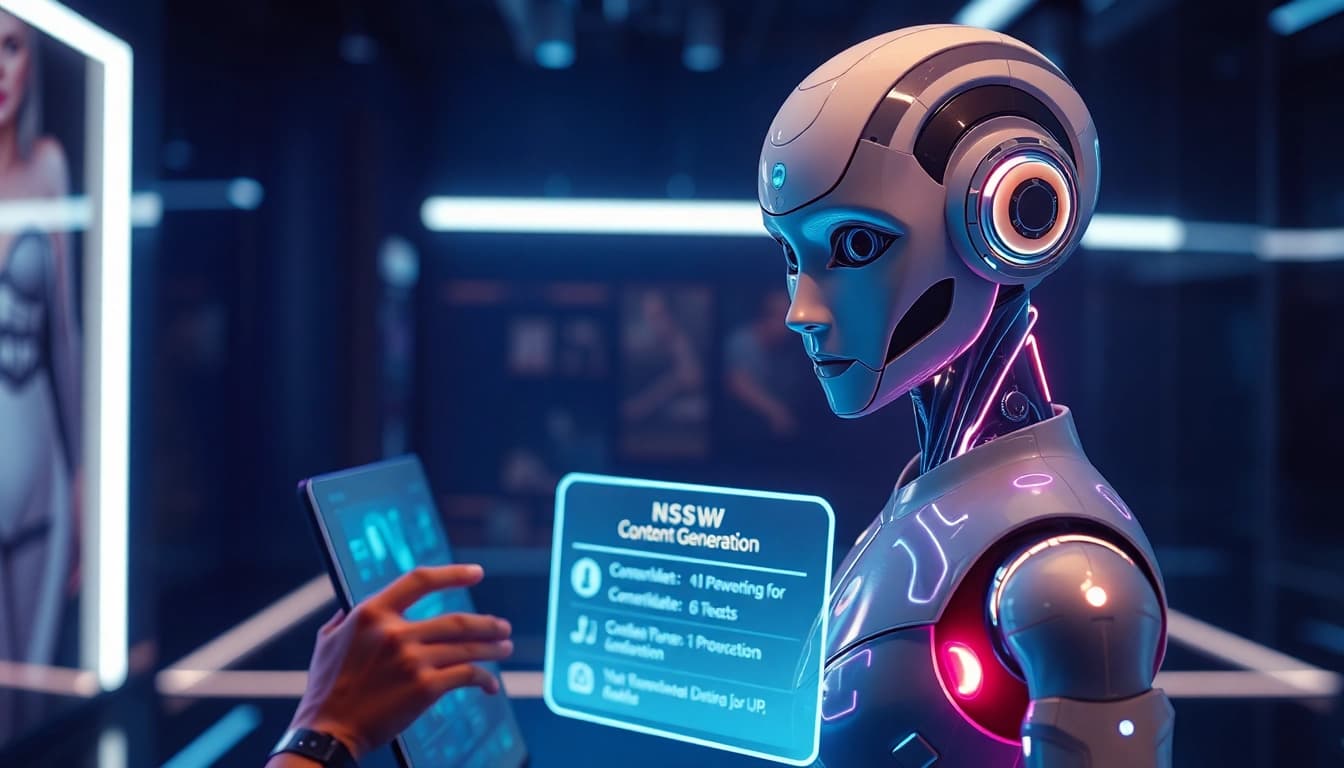 Engaging NSFW AI character interacting through a holographic interface.