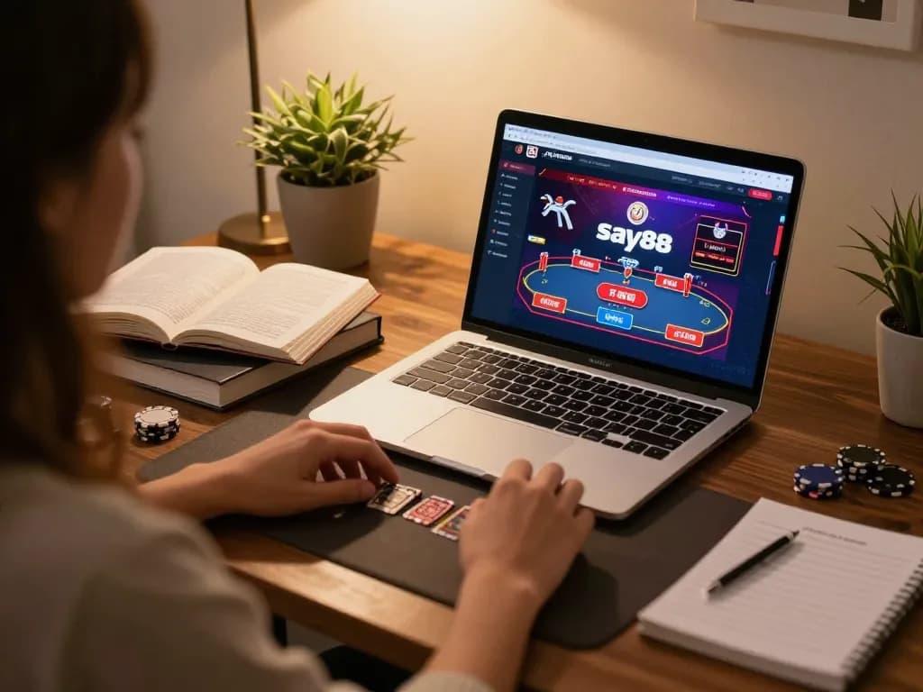 Engaging gameplay at Say88 online casino, with a gamer focused on a poker game interface.