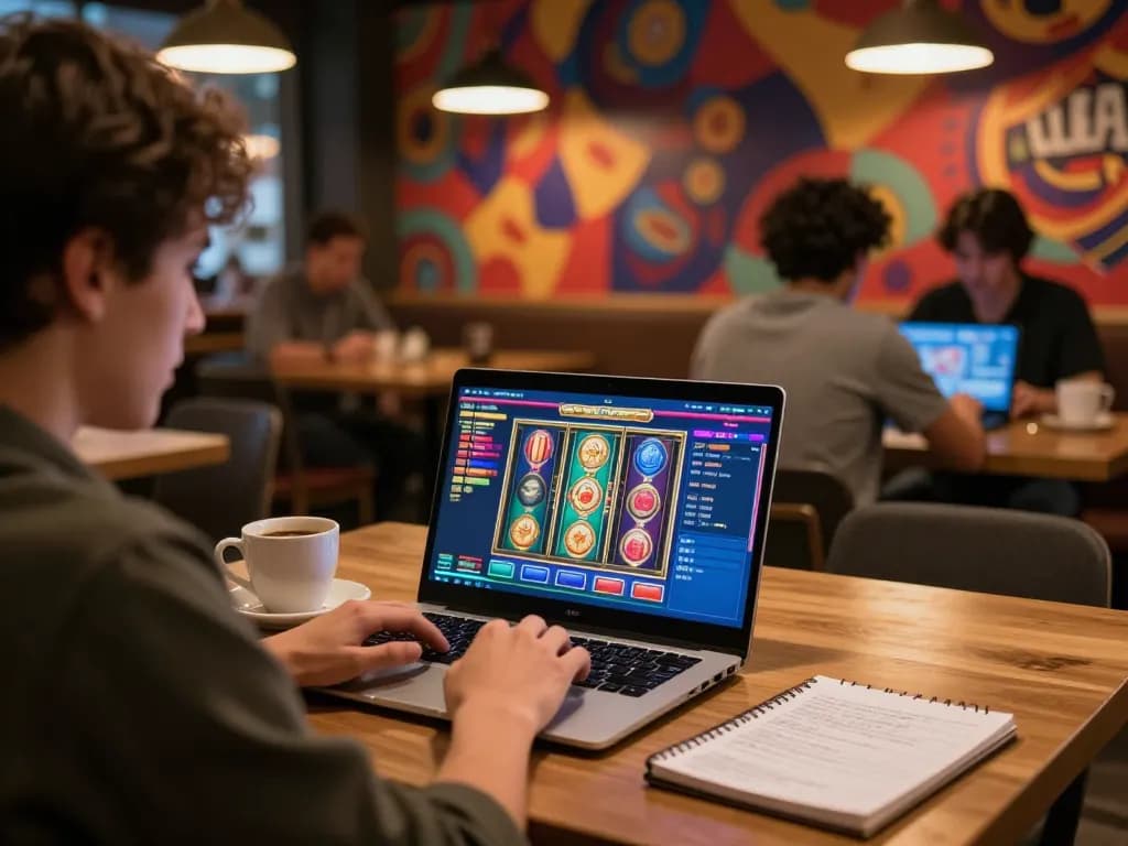 Engaging in online gaming with JPTOTO at a café, vibrant slot game displayed on laptop
