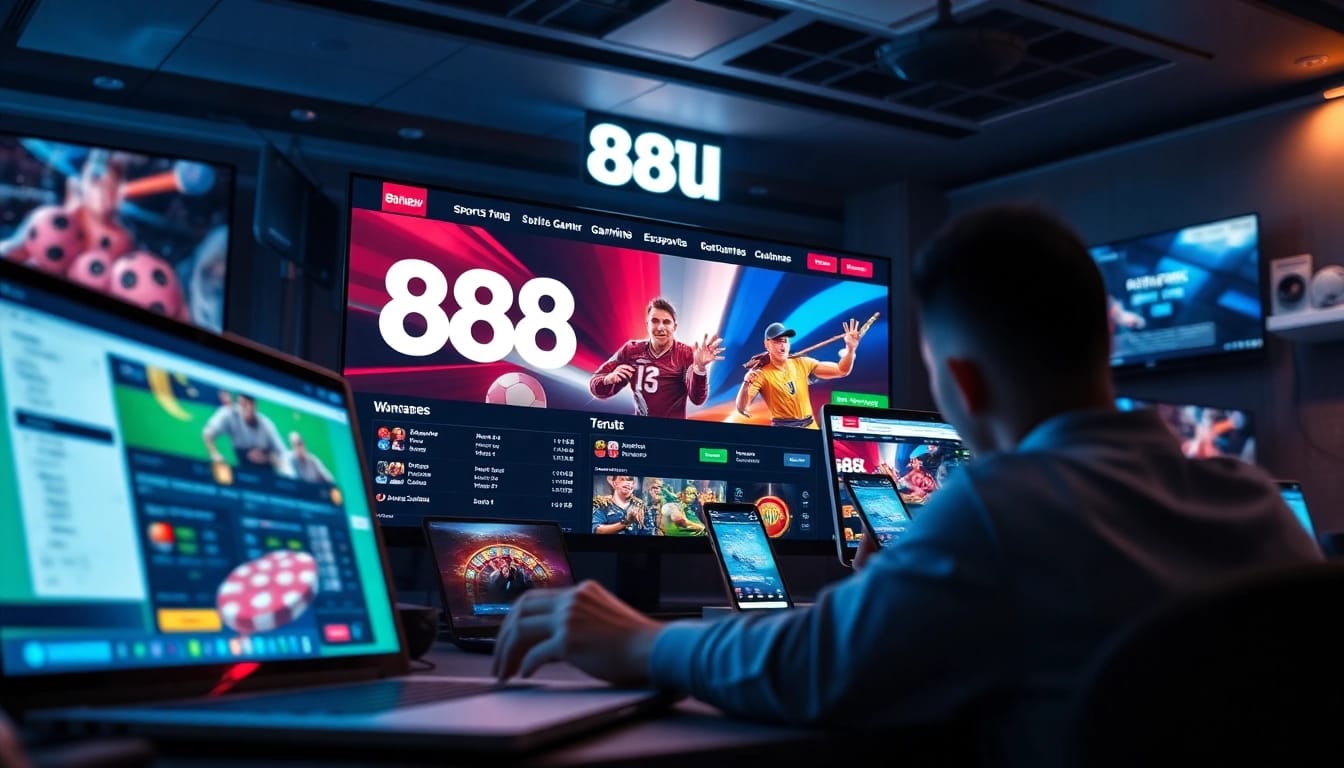 Engaging scene of players using 888new online gambling platform featuring sports and casino games.