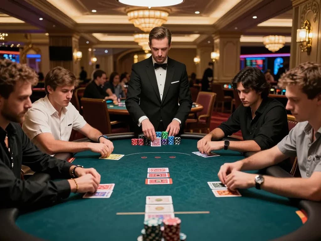 Players strategizing at poker table in luxury casino while betting with slot77 chips.
