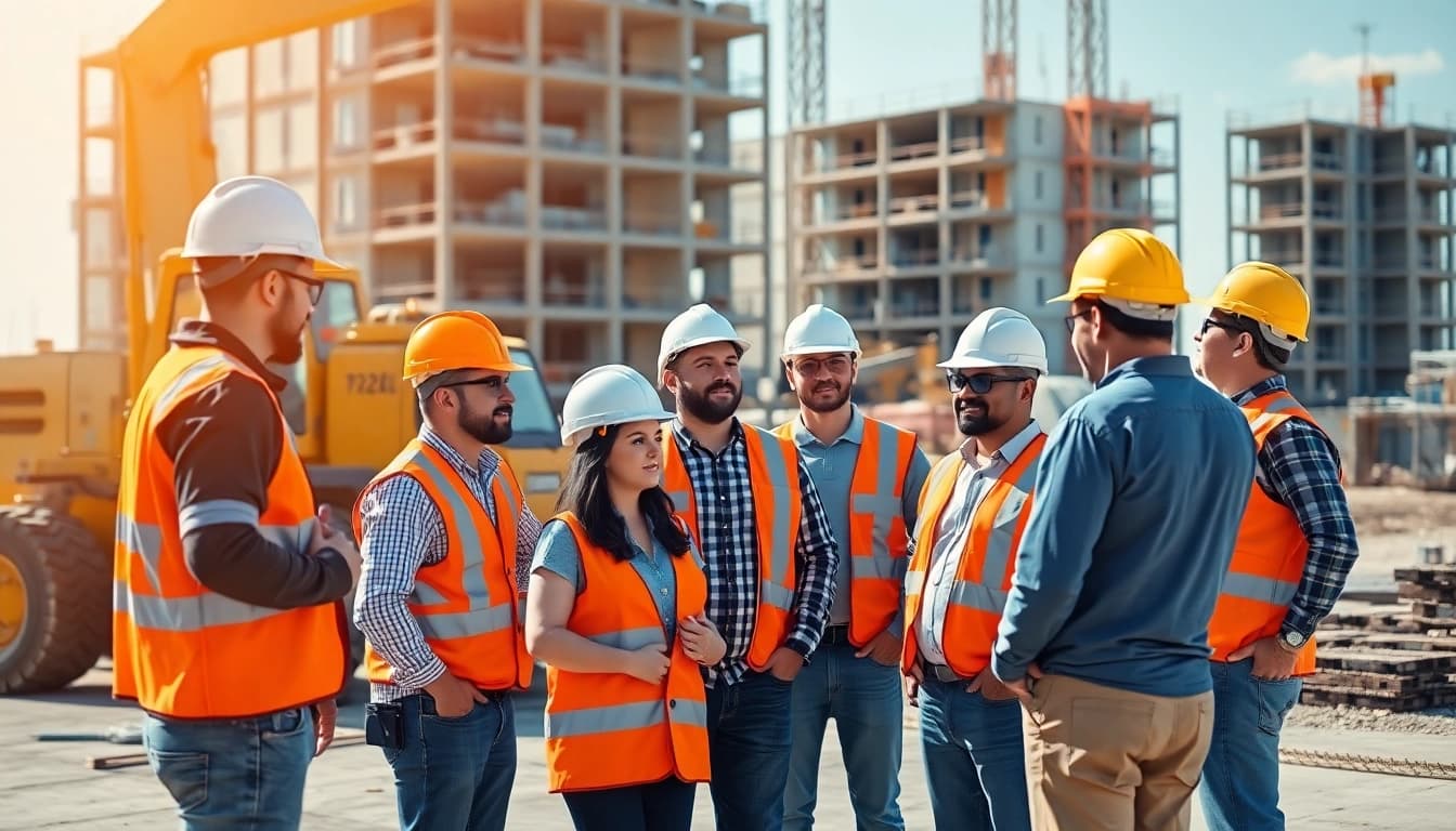 Collaborative scene of New Jersey Commercial General Contractor at a construction site, depicting teamwork in progress.