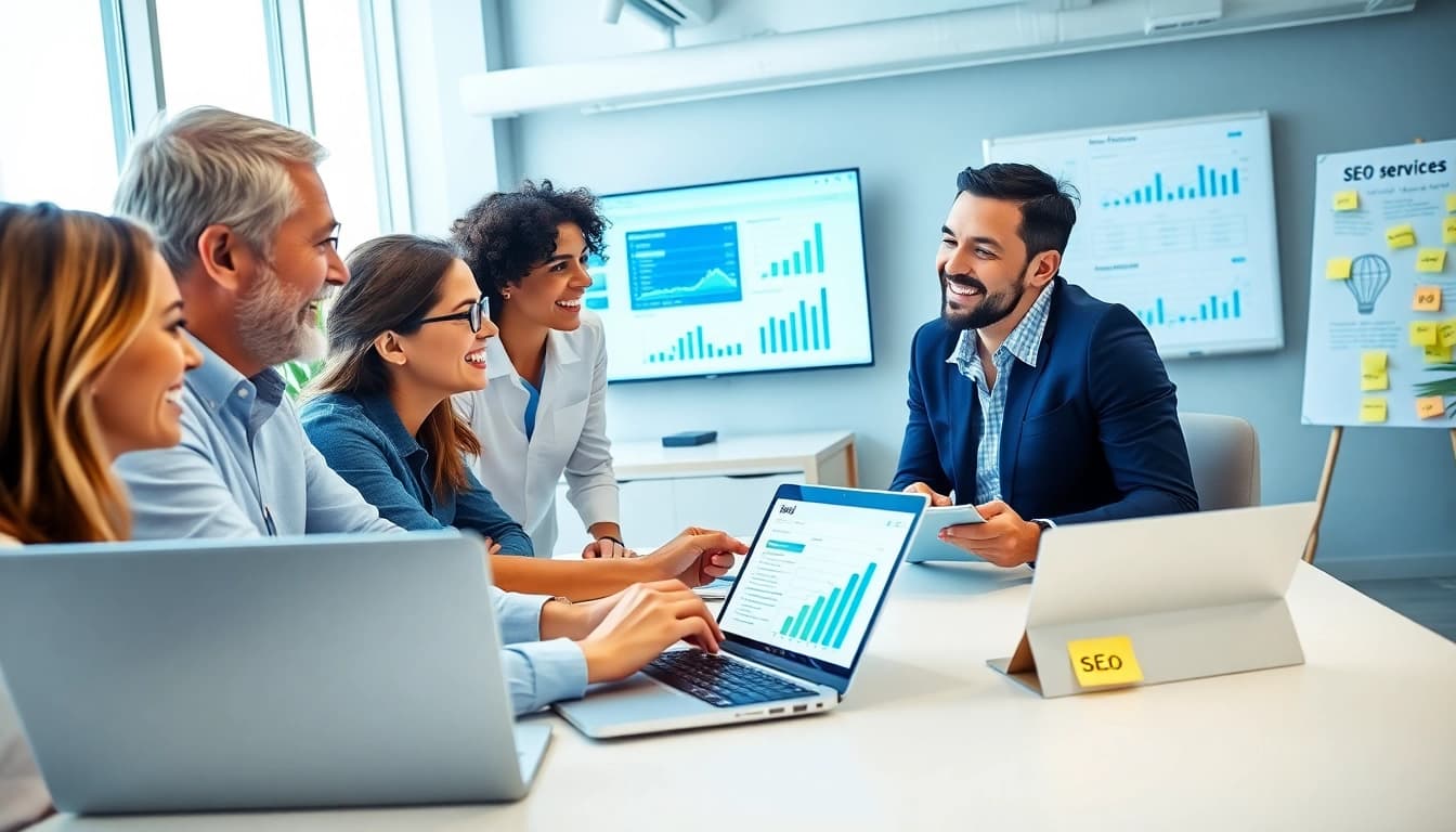 Boosting online visibility with professional seo services strategies in a collaborative office.