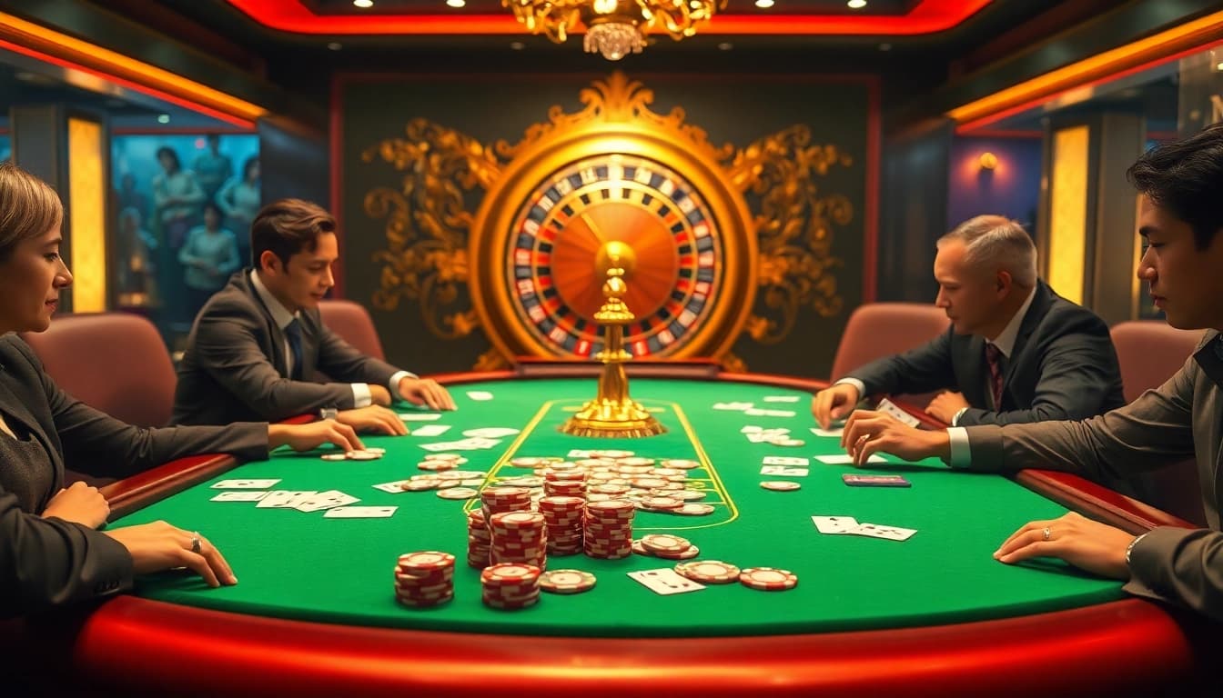 Players strategize at a poker table with MMOO chips and cards in a lively casino.