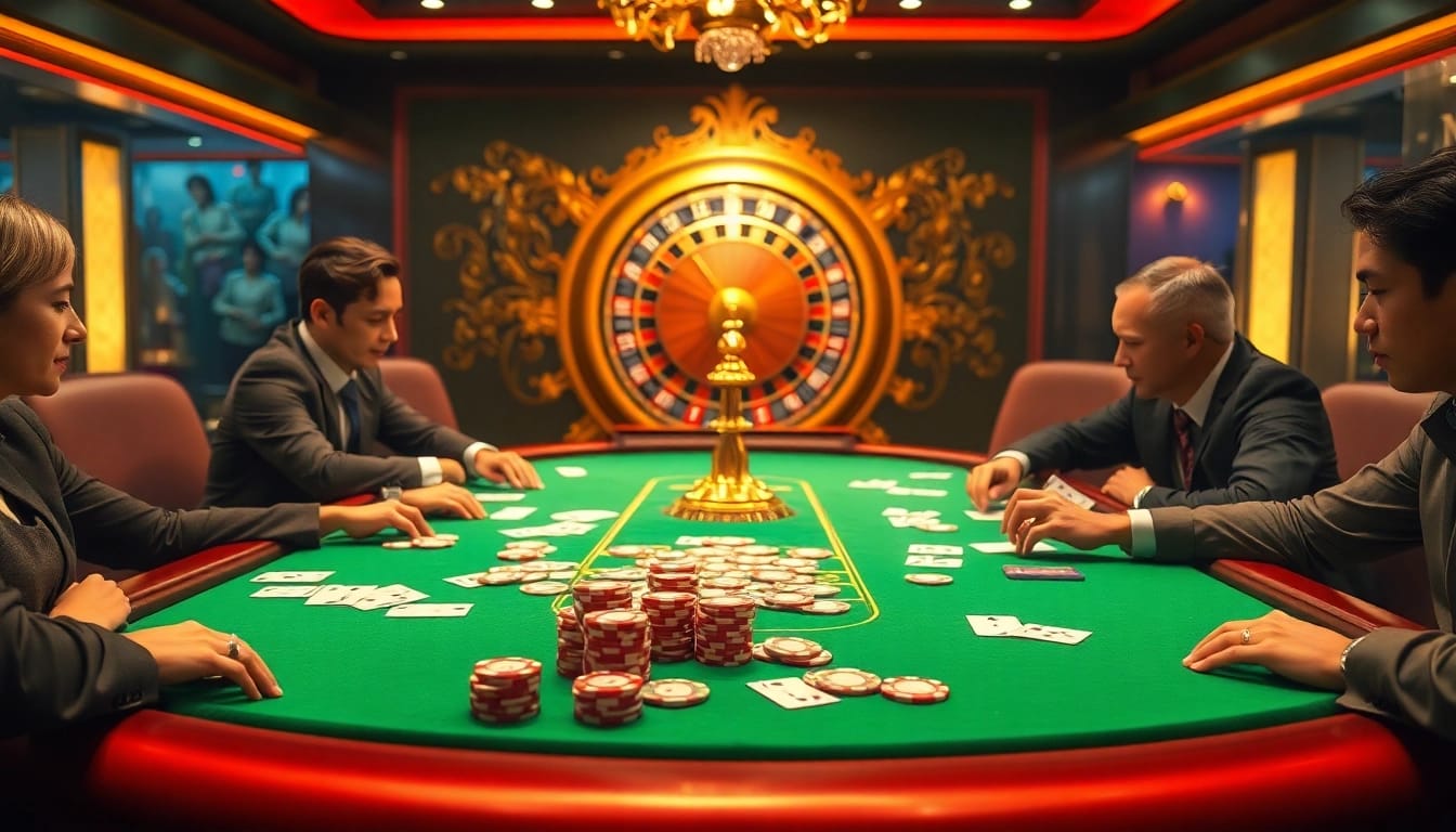 Players strategize at a poker table with MMOO chips and cards in a lively casino.
