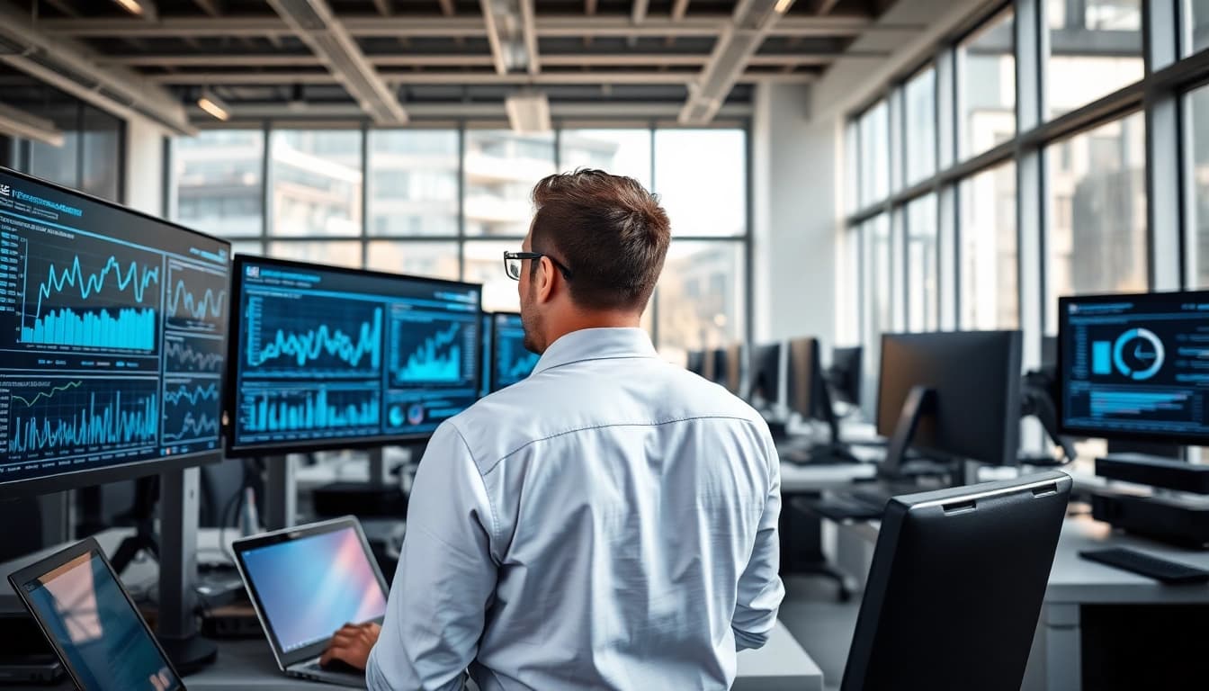 Monitor Remote Monitoring and Management (RMM) metrics in a modern office with IT technician actively engaged.