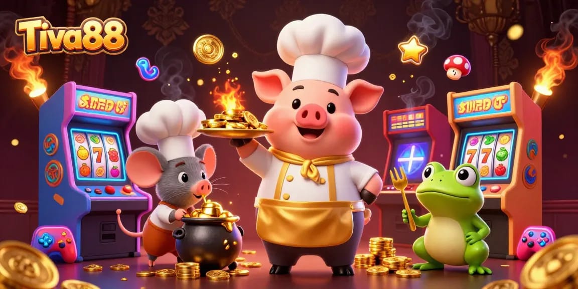 Tiva88 pays out golden coins thrillingly while showcasing arcade games and slots, celebrating wins.