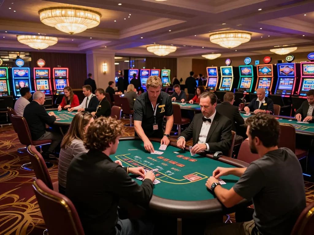 Players actively engaging in blackjack gameplay at a lively casino, with TR88 excitement visible in their expressions.