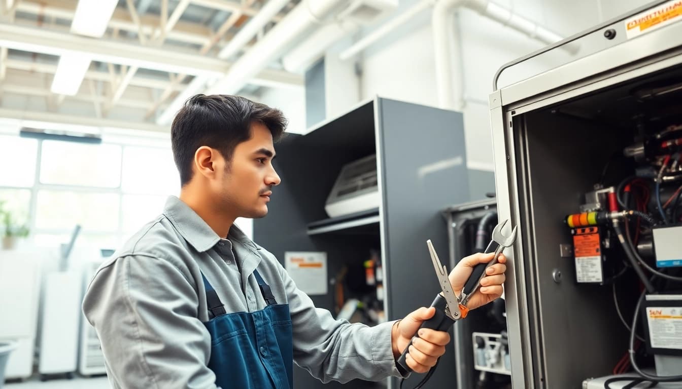 Alberta HVAC dealer technician inspecting modern heating system in a professional workshop.