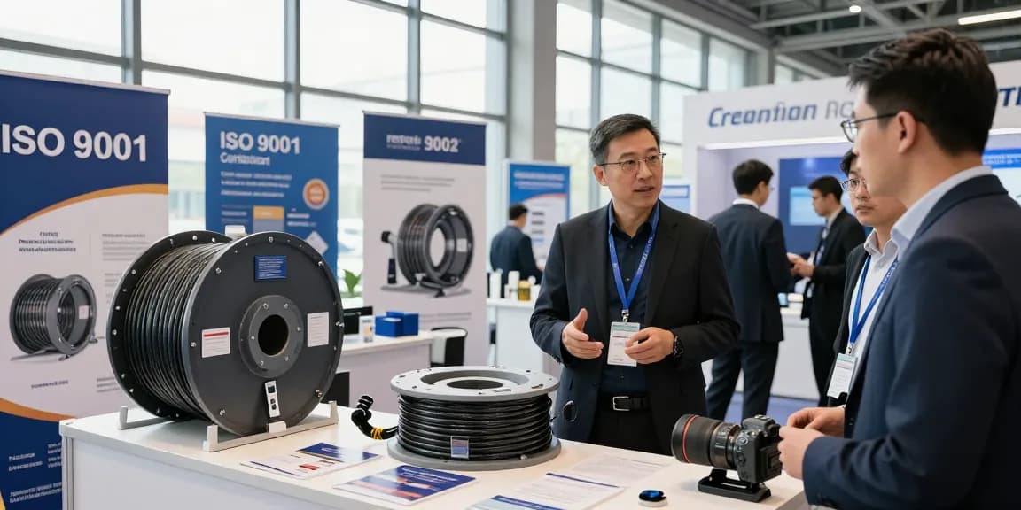 Engaging exhibition scene featuring seismic cable products, showcasing industry expertise and client interaction.