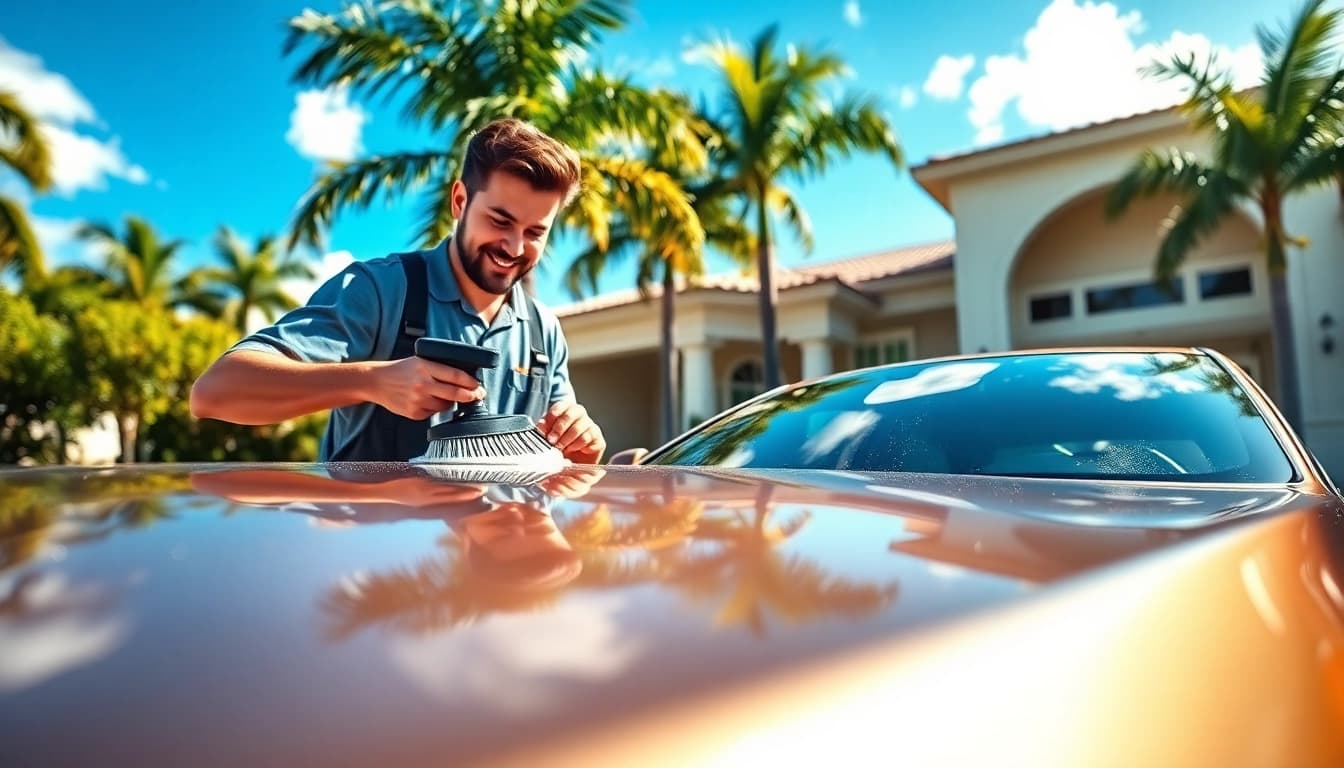 Mobile detailing Boca Raton professional servicing a vehicle at a luxurious home.