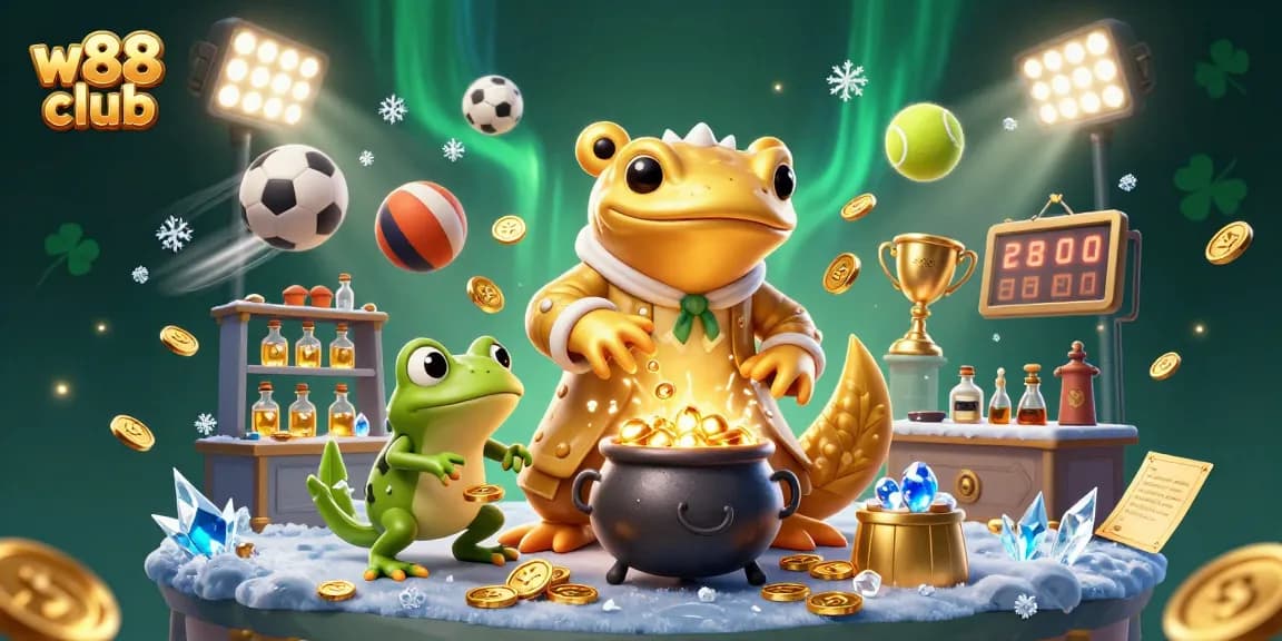 Cá cược hấp dẫn tại w88 club với hình ảnh thầy alchemist, phụ tá ếch và trò chơi sôi động.
