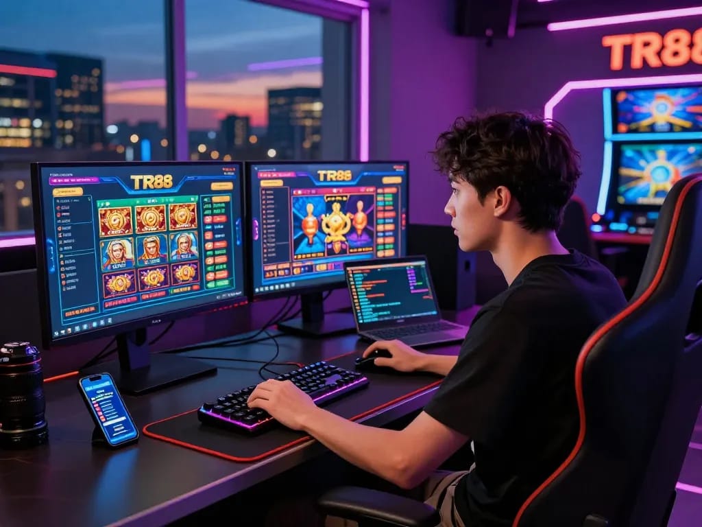 Engaged player at a modern gaming desk showcasing TR88 online casino interface with vibrant game graphics.