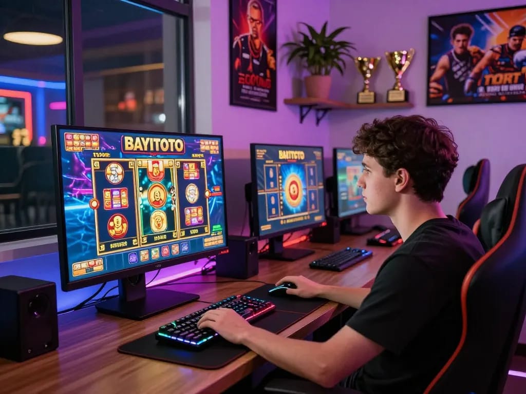 Engaged player enjoying BAYITOTO slot games on a vibrant gaming setup.