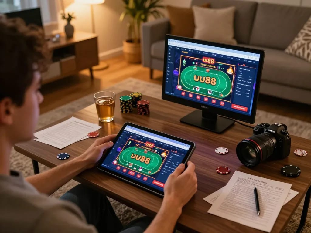 Player exploring uu88 online casino on tablet while enjoying a cozy home setting